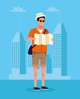 turist man står med papperskarta på stadens karaktär vektor