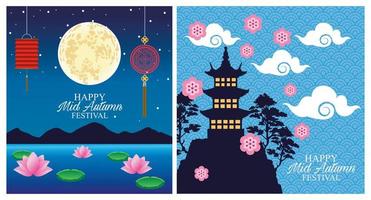 Happy Mid Autumn Festival Card mit hängenden Laternen und Mond mit Schloss vektor