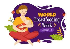 värld amning vecka vektor illustration av matning av spädbarn med mjölk från en kvinnors bröst i platt tecknad serie hand dragen mallar
