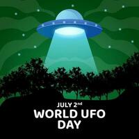 värld UFO dag 2 juli, affisch hälsning kort illustration design med UFO och träd kulle silhuett i bakgrund galax natt vektor