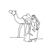 einer kontinuierlich Linie Zeichnung von Menschen sind Reiten Kamele im das Wüste wie Symbol zum Hidschra. islamisch Neu Jahr Urlaub Konzept im einfach linear Stil. islamisch Neu Jahr Design Konzept Vektor Illustration