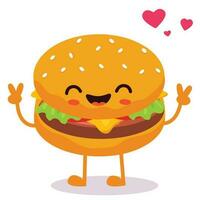 glücklich lächelnd kawaii süß Burger. Vektor eben Karikatur Charakter Illustration Symbol Design. isoliert auf Weiß Hintergrund. Burger, schnell Essen