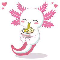 söt axolotl äter Ramen nudel tecknad serie vektor illustration