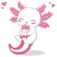 kawaii Axolotl Trinken Erdbeere Milch Tee Karikatur Vektor Illustration