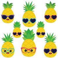 Lycklig leende söt söt ananas. vektor platt frukt karaktär illustration maskot design. isolerat på vit bakgrund.