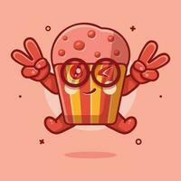 söt muffin kaka karaktär maskot med fred tecken hand gest isolerat tecknad serie i platt stil design vektor