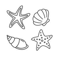 Hand gezeichnet Meer Muscheln und Star Fisch. Gekritzel Kontur Linie Zeichnung einstellen von Marine Design Elemente. schwarz und Weiß Vektor Illustration auf Weiß Hintergrund zum Kinder Färbung Buch Seiten.