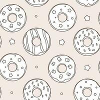 Gekritzel Donuts nahtlos Muster. verschiedene Gliederung Donuts und Sterne auf Pastell- blass Rosa Hintergrund. Hand gezeichnet minimal endlos Küche Textil- oder Tapeten drucken Design. Vektor Illustration.