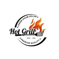 enkel utegrill varm grill logotyp, med korsade lågor och spatel. logotyp för restaurang, bricka, Kafé och bar. vektor illustration