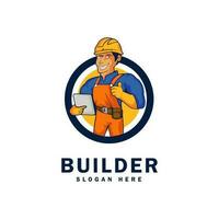 Auftragnehmer Maskottchen Logo Design, Konstruktion Arbeiter Karikatur Charakter Emblem, Gebäude mit Vertrauen. Vektor Illustration