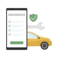 Auto Versicherung. Smartphone mit Versicherung dokumentieren, Auto und Schild. eben Karikatur Stil vektor