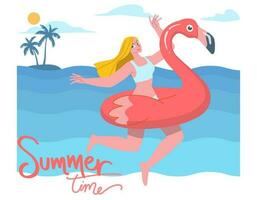 låta de sommar Börja. ung kvinna rida på uppblåsbar flamingo i de hav, har roligt och uppfriskande på en varm sommar dag. vektor design illustration.