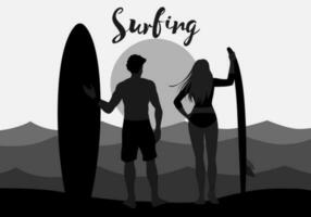 Silhouetten von jung Männer und Frauen Surfen im Badeanzüge mit Surfbretter auf das Strand mit stark Wellen, und auf ein Weiß Hintergrund. Vektor Design Illustration.