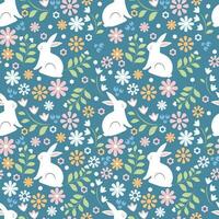 nahtlos Vektor Muster mit süß Weiß Kaninchen auf ein Blumen- Hintergrund. perfekt zum Textilien, Hintergrund oder Drucke.
