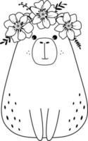 süß Capybara mit Blumen Kranz. einfach Charakter Design. Färbung Seite zum Kinder. vektor