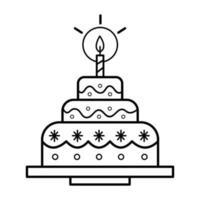 tre lager födelsedag kaka med ett ljus och glasyr vektor ikon översikt isolerat på fyrkant vit bakgrund. enkel platt minimalistisk skisse teckning med födelsedag fest firande tema.