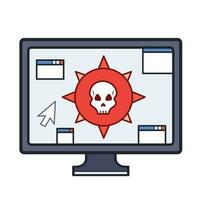 gefährlich rot Computer Virus oder Bombe mit Schädel und Pop oben Fenster farbig Vektor Symbol Gliederung isoliert auf Platz Weiß Hintergrund. einfach eben Karikatur Kunst gestylt Zeichnung mit Cyber Internet Sicherheit.