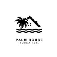 Urlaub Strand mit Baum Palme und Zuhause Logo Design vektor