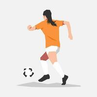 weiblich Fußball Fußball Spieler Athlet Dribbling das Ball. zurück Sicht. Thema von Sport, Fußball, Frauen. Vektor eben Illustration.
