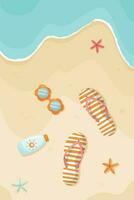 bunt Sommer- Hintergrund mit Flip Flops, Meer, Sonnenbrille und Sonne Creme. Sommer- Strand Hintergrund. Strand, Meer, Gelb Sand mit Hausschuhe und Seestern. Vektor Illustration.
