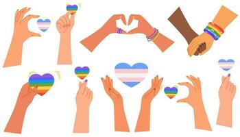 HBTQ gemenskap. hand med HBTQ flagga eller regnbåge flagga och hjärtan. HBTQ stolthet eller regnbåge element i olika former design. vektor uppsättning illustrationer av Gay stolthet posters