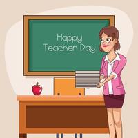 Happy Teacher Day mit Tafel im Klassenzimmer vektor