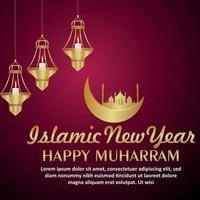 islamisches Festival glückliche Muharram Feier Grußkarte mit goldenem Mond und Moschee vektor