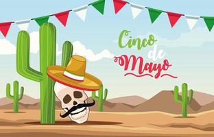 cinco de mayo firande med skalle och kaktus öken scen vektor