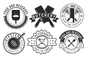 einstellen von das Jahrgang Restaurant, Metzgerei Logo Satz. 6 Fleisch Geschäft, Grill Embleme. Metzgerei Geschäft, retro Essen Etiketten, Abzeichen, Insignien, Logo. Hipster, Fleisch Geschäft, Metzgerei. Fleisch Geschäft Logo Vorlagen. vektor