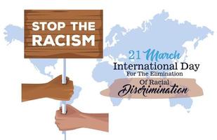 Stoppen Sie Rassismus internationales Tagesplakat mit den Händen, die Holzfahne heben vektor