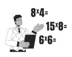 afrikansk amerikan lärare undervisning matematik platt linje svart vit vektor karaktär. redigerbar översikt halv kropp man visa matematik övningar på vit. utbildning enkel tecknad serie fläck illustration för webb grafisk