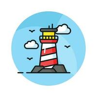ein Turm enthält ein Leuchtfeuer Licht zu warnen oder leiten Schiffe beim Meer, Gut entworfen Symbol von Leuchtturm vektor