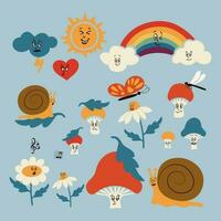 groovig retro Emoticons Sammlung. modisch Jahrgang Zeichen im eben Karikatur Stil. Schnecke, Gänseblümchen, Pilze, Pilz, Sonne, Wolken, Regenbogen. perfekt zum Dekoration, Gruß Karten, Postkarten Aufkleber vektor