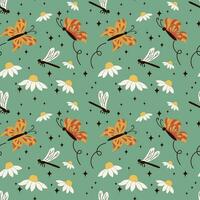minimalistisk blommig sömlös mönster i retro stil. platt chamomiles eller daisy med fjärilar och sländor på grön bakgrund. perfekt för dekoration, bakgrund, barn textil, omslag papper vektor
