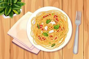 spaghetti pasta i trä- tallrik med tomater, basilika, mozzarella i tecknad serie stil topp se detaljerad och texturerad på trä- bakgrund. mat, italiensk kök. vektor illustration