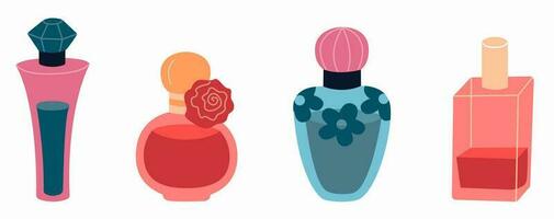 uppsättning av skön parfym flaskor. kvinnors parfym med annorlunda dofter. platt vektor illustration.
