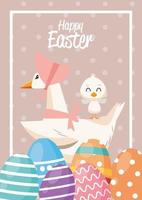 Frohe Osterkarte mit Entenfamilie und bemalten Eiern vektor