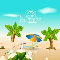 Sommer- Zeit Hintergrund mit Kokosnuss und Regenschirm auf das Strand. Vektor Illustration.