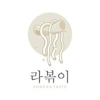 rabokki tteokbokki enkel tecknad serie illustration logotyp med koreanska omedelbar spaghetti vektor