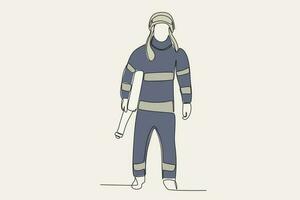 Färg illustration av en brandman bärande en vatten slang vektor