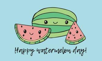 Vektor Gekritzel Wassermelone Postkarte Design, glücklich Wassermelone Tag, kawaii Obst Scheibe, Sommer- Urlaub