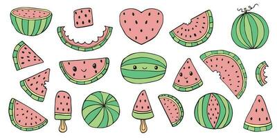 Vektor Wassermelone Gekritzel Satz, isoliert auf Weiß Obst Symbole, Sommer- Wasser Melone Tag Aufkleber Sammlung