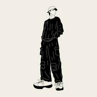 svart och vit gata mode män vektor illustration. ung man i en modern kläder militär stil 90s 2000-talet i full tillväxt Framställ.