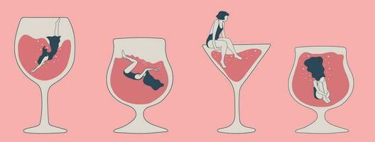 uppsättning av tre trendig kvinna tecken simning Hoppar in i de glas.människor lidande från hård dricka. begrepp illustration med deprimerad tecken handfat i olika alkohol glasögon. vektor