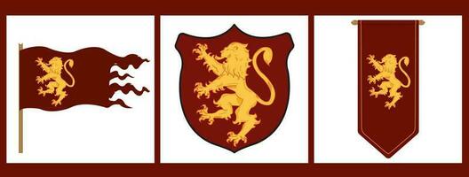 einstellen von drei Löwe Vektor Flagge. Jahrgang Design heraldisch Symbole und Elemente