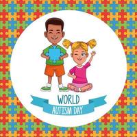 Weltautismustag Kinderpaar mit Puzzleteilen vektor