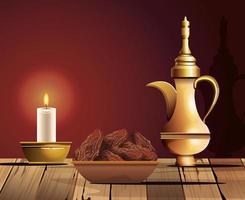 Ramadan Kareem Feier mit goldener Teekanne und Essen and vektor