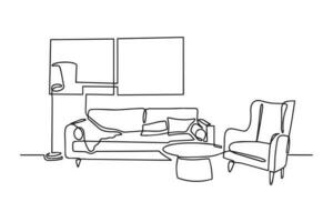 kontinuerlig ett linje teckning av soffa med lampa lampskärm. modern och möbel i enkel linjär stil. klotter vektor illustration. vektor