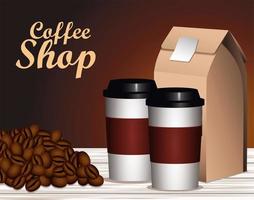 Coffeeshop-Schriftzug mit Töpfen und Verpackungskarton vektor