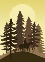 vilda västern solnedgång skog scen med cowboy i häst vektor